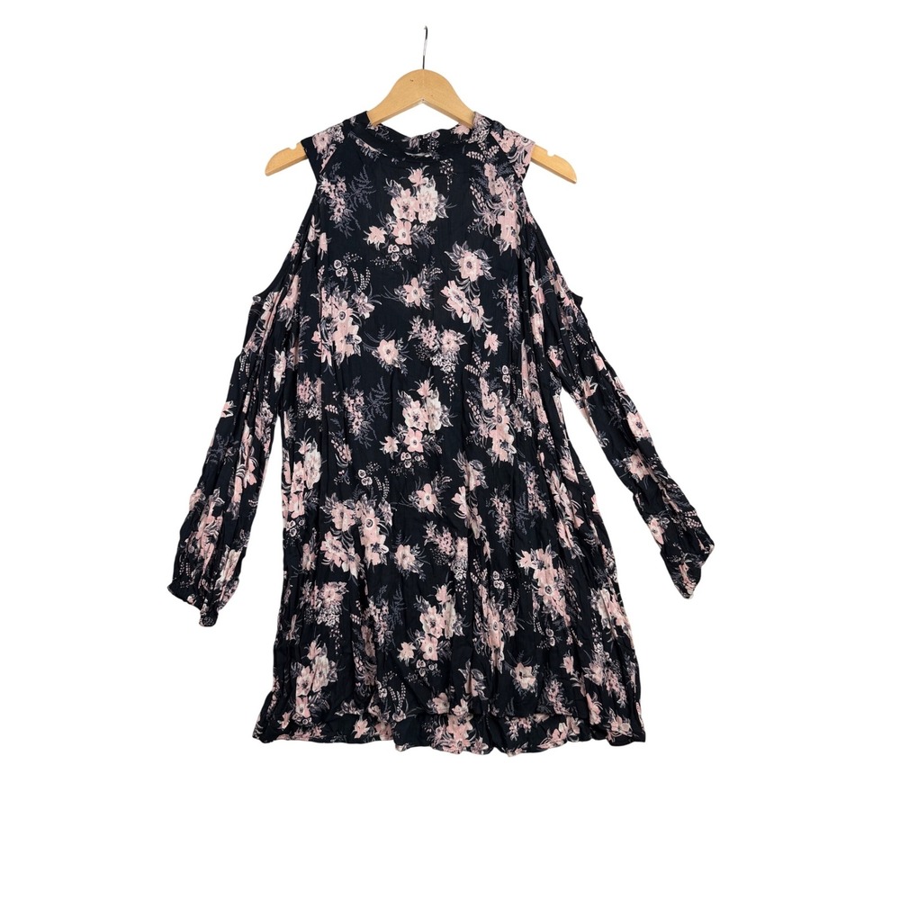 New Angie Cold‎ Shoulder Floral Print Mini Dress size Large Black/Pink